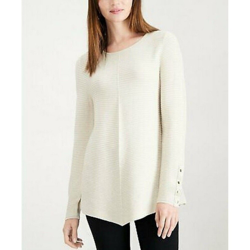 Alfani Ribbed Snap Jewel Neck Pullover Sweater Women's LG Cloud Light Academia